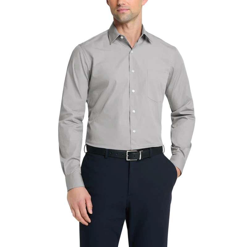 Van Heusen Men's Dress Shirt Fitted Poplin Solid, Light Grey, 18.5" Neck 36"-37" Sleeve