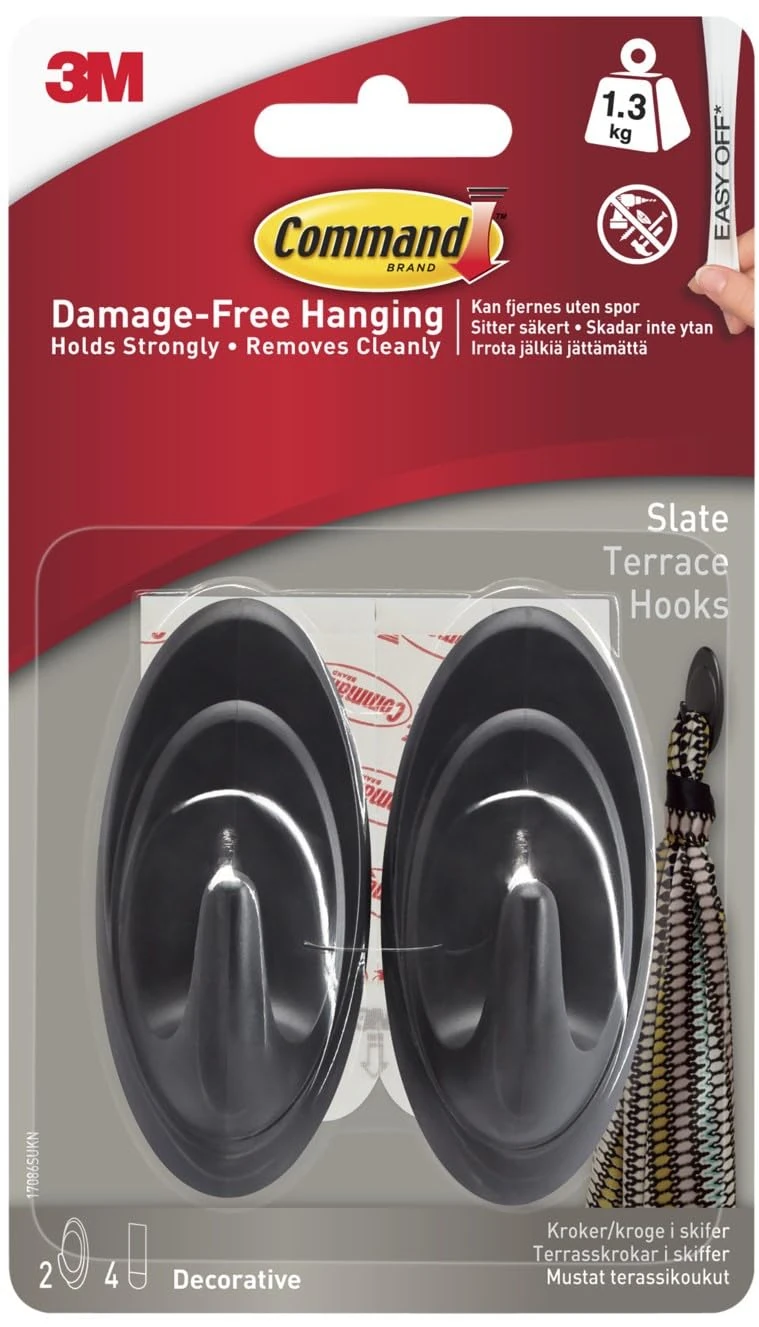 Command Slate Terrace Hooks, Pack of 2 Hooks 4 Medium Adhesive Strips - Damage Free Hanging - Holds up to 1.3kg
