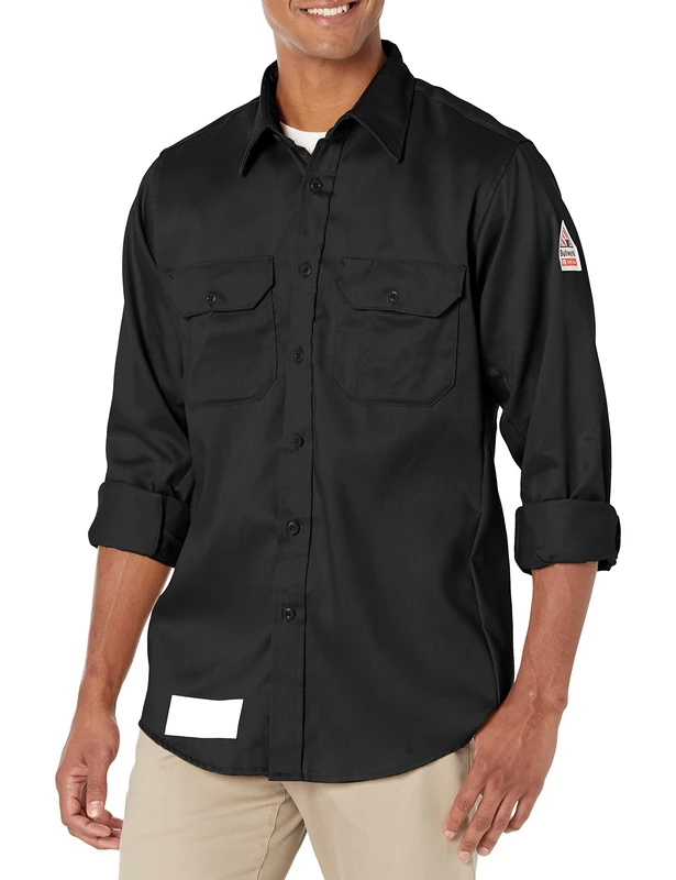 Bulwark Flame Resistant 6 oz Cotton/Nylon Excel FR ComforTouch Regular Uniform Shirt with Straight Back Yoke, Topstitched Cuff, Navy, Large (US) - Image 1