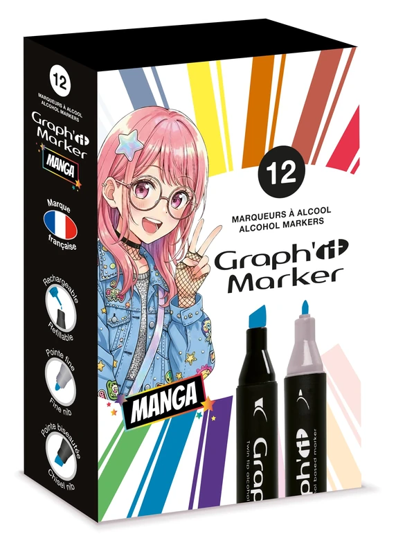 Graph'it - Set of 12 Double Tip Alcohol Markers: Fine and Chisel for Manga Drawing, Illustration, Coloring, Sketching, Writing - Refillable - Manga Set