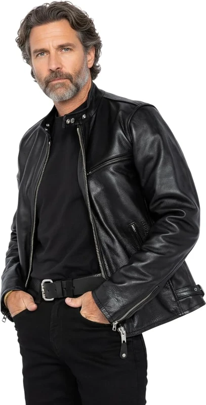 Schott NYC Men's Lc940D Cafe Racer Biker Leather Long Sleeve Jacket, Black, Large
