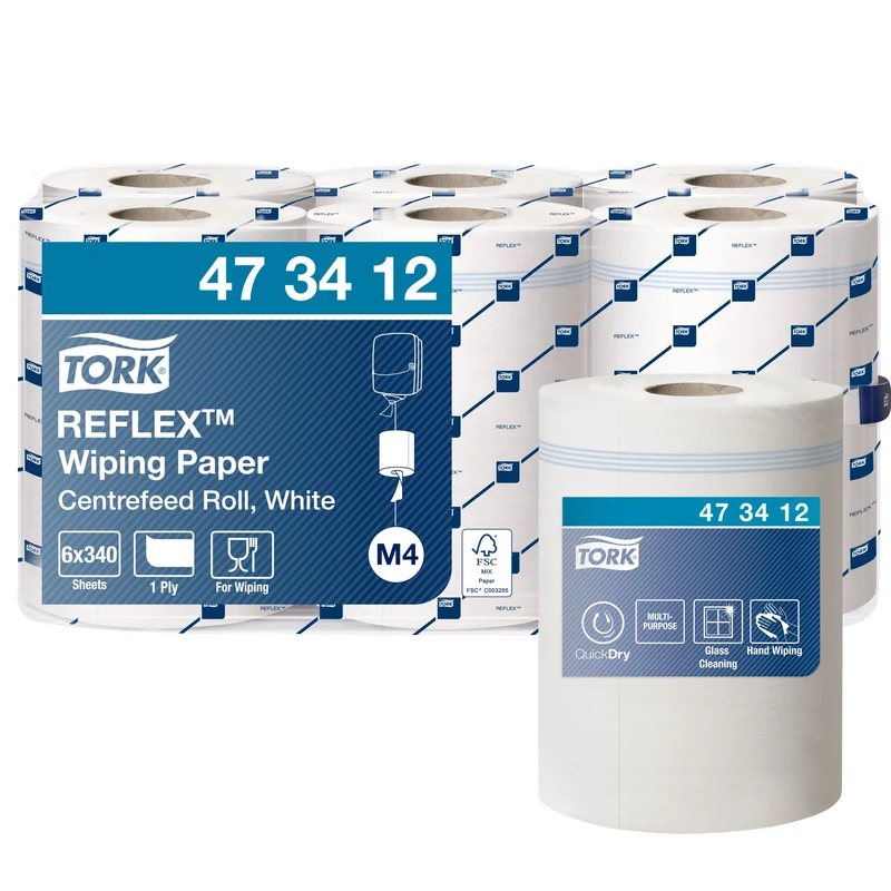 Tork 473412 Reflex Wiping Paper / 2 Ply Absorbent QuickDry Paper Roll Suitable for Tork M4 Reflex Centrefeed System / White / 6 x 113.9m / Ø 19cm