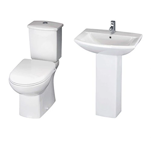 Nuie CSS001 Asselby Modern Toilet and Full Pedestal Basin Bathroom Suite with Soft Close Seat and 1 Tap Hole Sink, 600mm, White