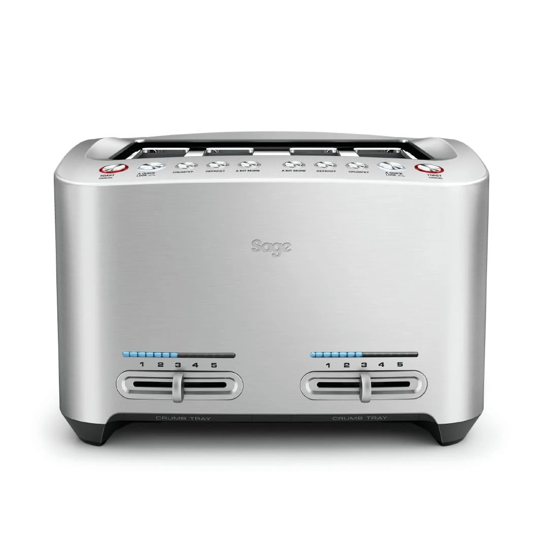 Sage - The Smart Toast - 4-Slice Toaster, 2000 W - Extra Wide Slots, 5 Browning Levels, Automated Lowering, Easy to Clean - Frozen, Crumpet, Lift & Look - Bagel, Toast, Bread - Brushed Aluminium