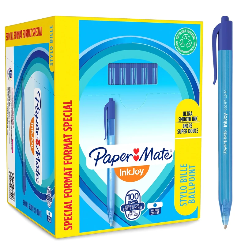 Paper Mate InkJoy 100RT Retractable Ballpoint Pens | Medium Point (1.0mm) | Blue | 100 Count