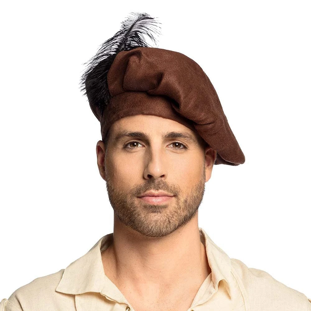 Boland Medieval Style Beret – Brown Felt Hat with Feather, Comfortable 59cm Headpiece for Medieval Costumes