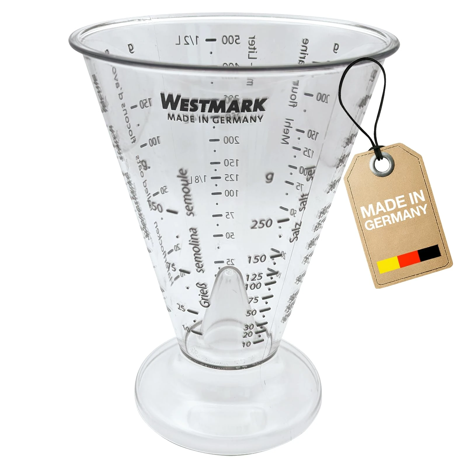 Westmark Measuring Beaker, with Precision Measuring Cone, Multilingual Measuring Scales and Various Units of Measurement, Funnel Shape, Volume: 0.5 Litres, Plastic, Gerda, Transparent, 30762270