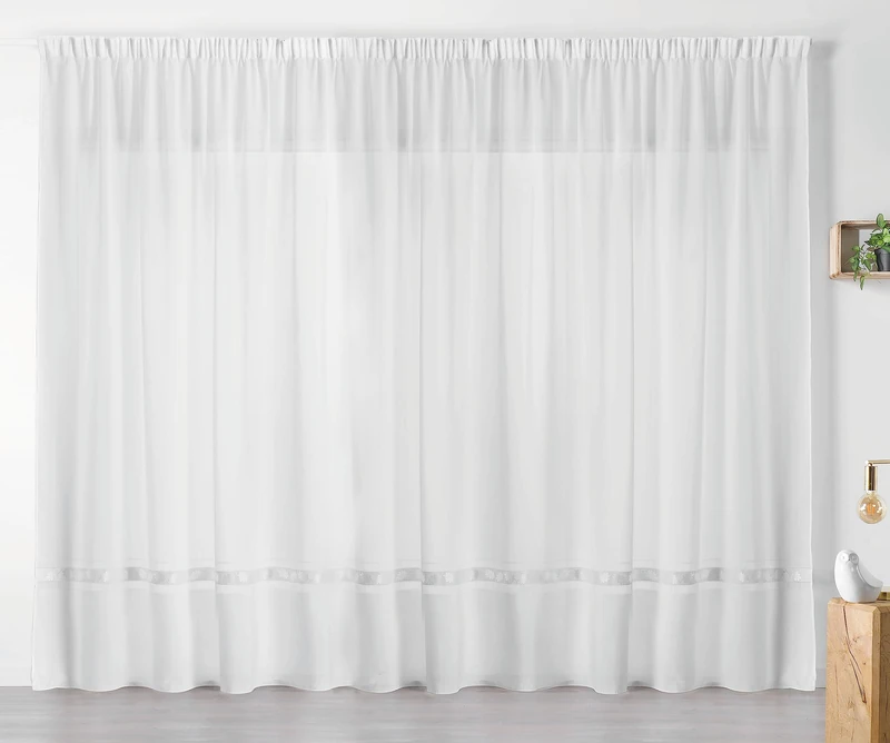 LINDER 0360/10/343 Large Net Curtain 420 x 240 White with Single Band Featuring Oak Leaves Design