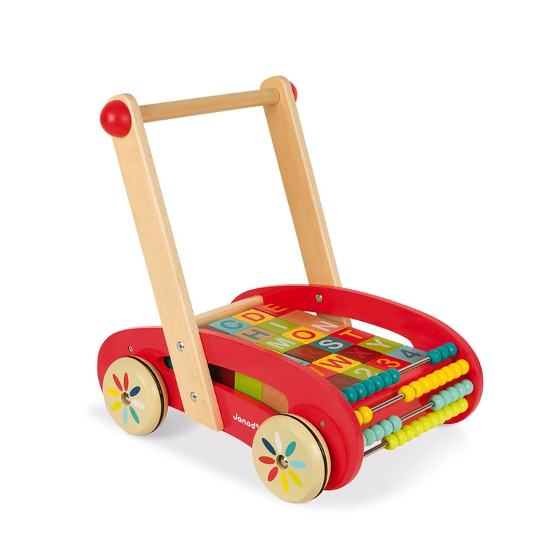 Janod - Tatoo Abc Buggy Wooden Walker for Children - 30 Blocks Included - For children from the Age of 1, J05379, Red