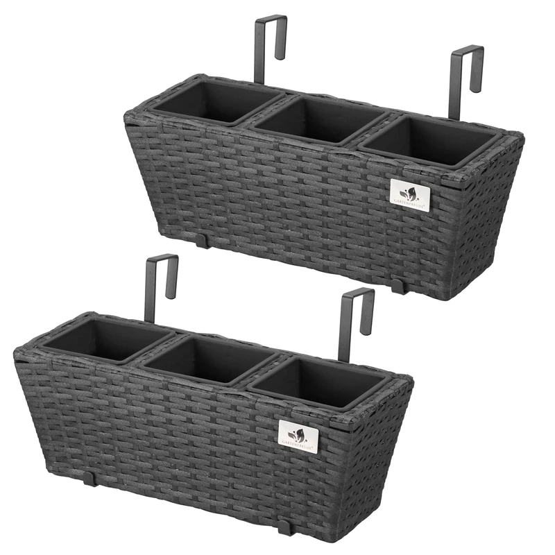 Gartenfreude 4000-1016-001 Balcony Flower Boxes 2 Pieces Polyrattan with Suspension Bracket 47 x 17 x 15 cm Anthracite