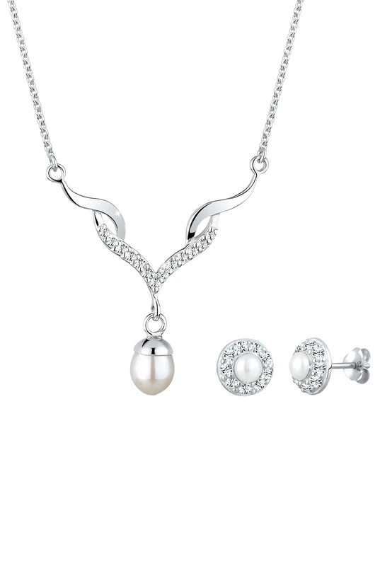 Elli Women's 925 Sterling Silver Teardrop Freshwater Pearl Necklace of Length 45 cm with Stud Earrings