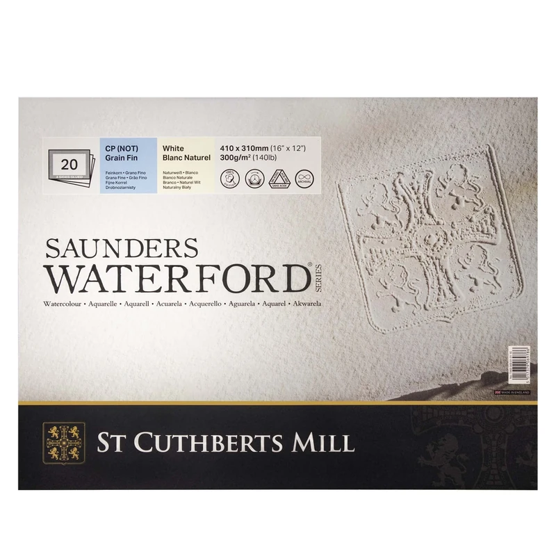 St Cuthberts Saunders Waterford Cold Pressed Block White 300gsm 410 x 310mm, 20 Sheets, Professional Watercolour Paper