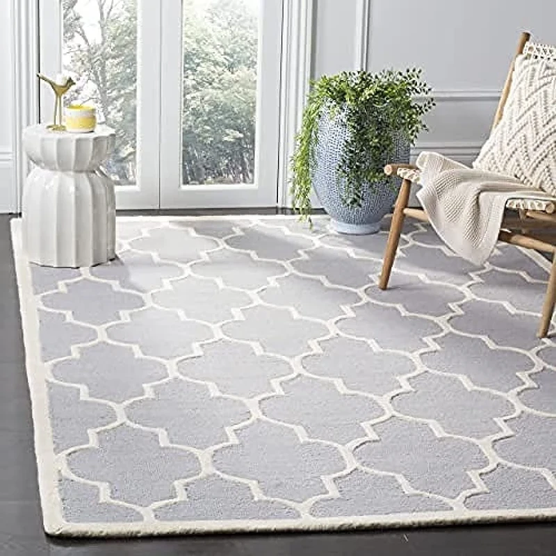 Safavieh Trellis Indoor Hand Tufted Rectangle Area Rug, Cambridge Collection, CAM134, in Silver / Ivory, 183 X 274 cm for Living Room, Bedroom or Any Indoor Space