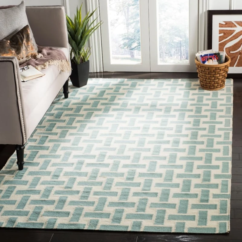 SAFAVIEH Contemporary Rug for Living Room, Dining Room, Bedroom - Dhurrie Collection, Short Pile, in Turquoise and Ivory, 152 X 244 cm