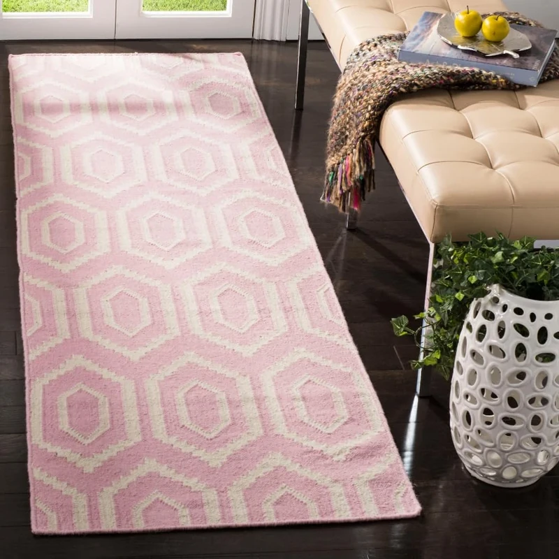Safavieh Contemporary Indoor Flatweave Runner Area Rug, Dhurrie Collection, DHU556, in Pink / Ivory, 76 X 244 cm for Living Room, Bedroom or Any Indoor Space