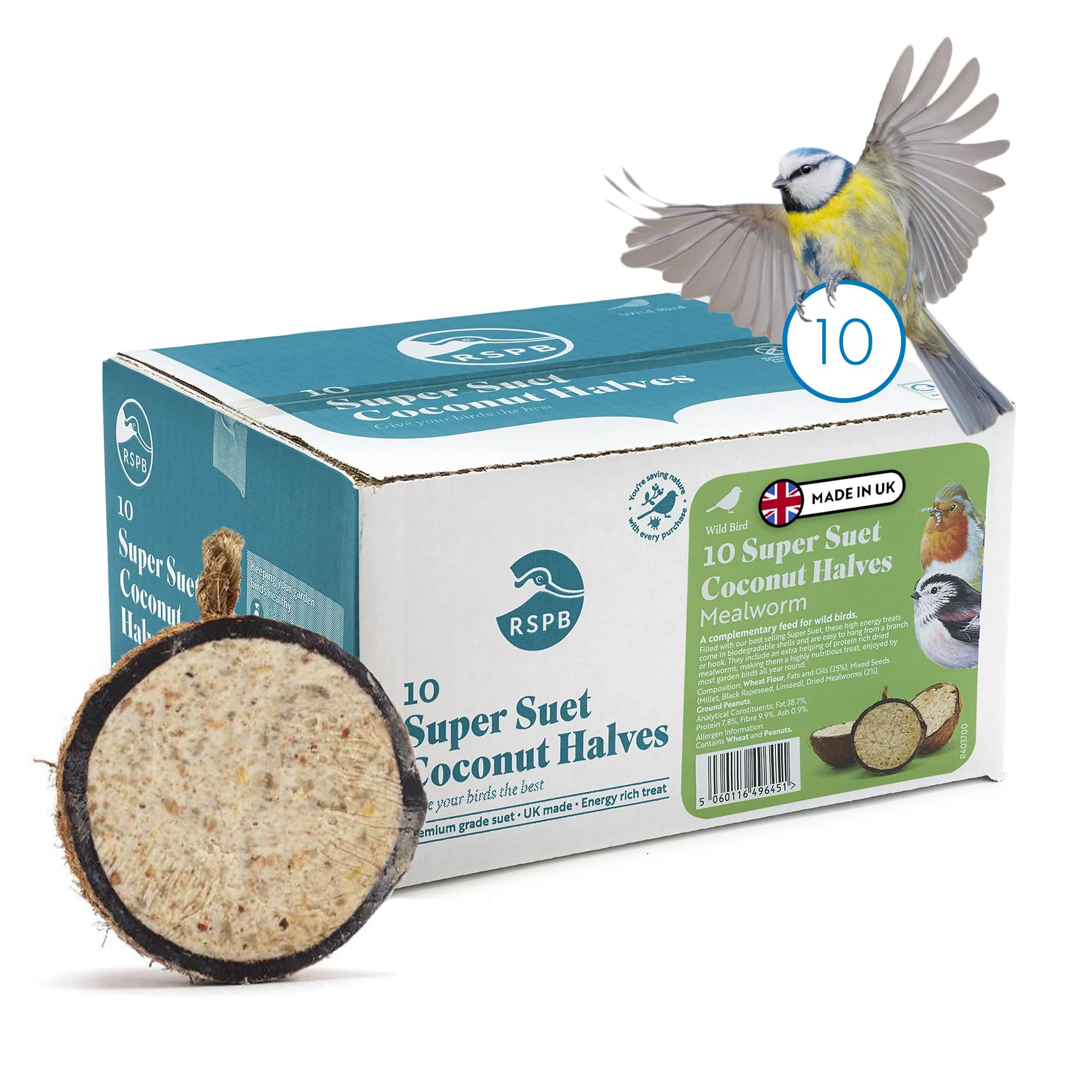 Coconut Bird Feeder Halves, Wild Bird Food for Small Birds with Suet, Dried Mealworms, Seeds, and Cereals, High Energy Food, Filled in the UK, Suitable for Year-Round Feeding - RSPB x 10 (320g)