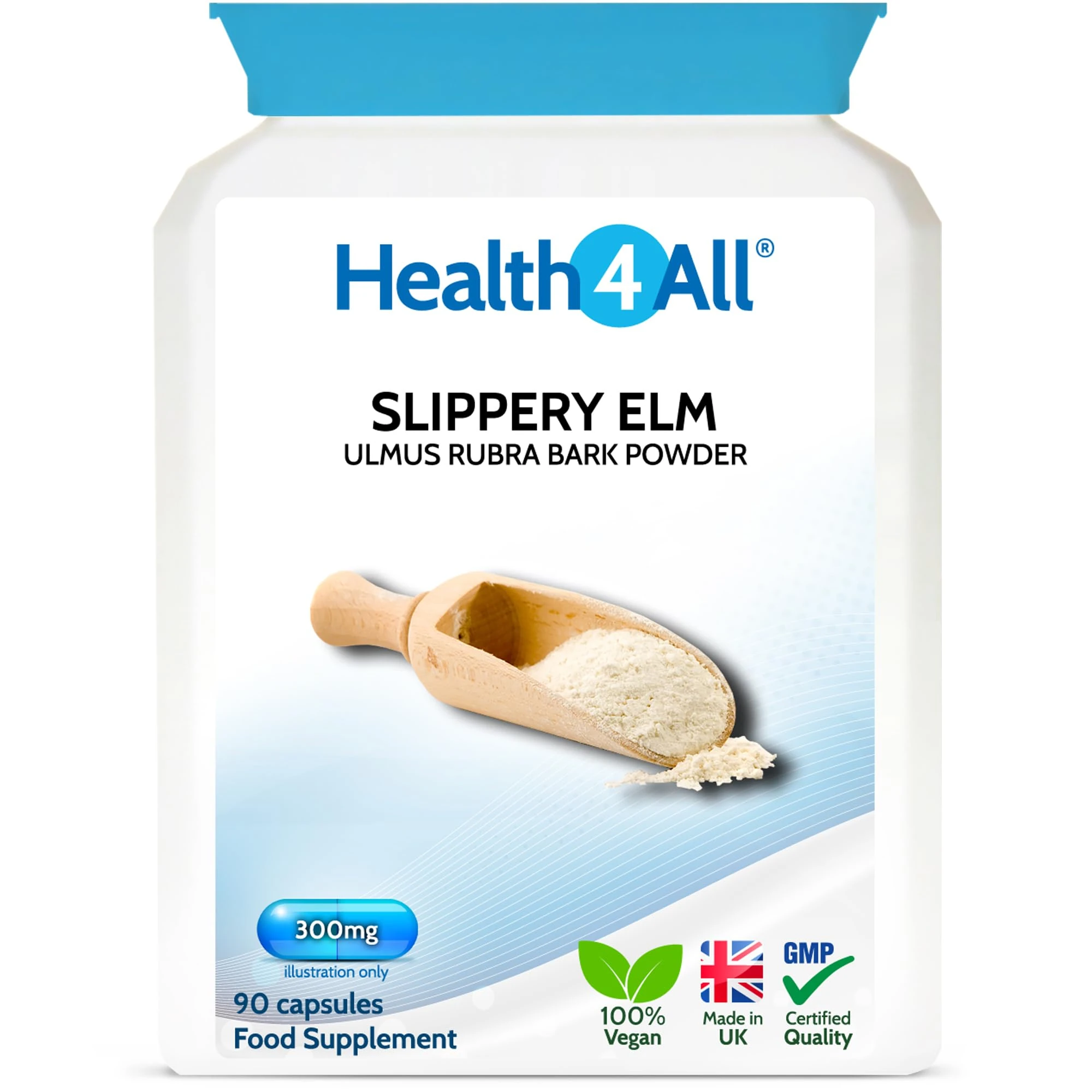 Health4All Slippery Elm 300mg 90 Capsules, Digestive Health & Acid Reflux Support. Vegan Digestive Support Supplement, Slippery Elm Inner Bark Powder, Stomach Soothe, Gluten Free | Made in UK
