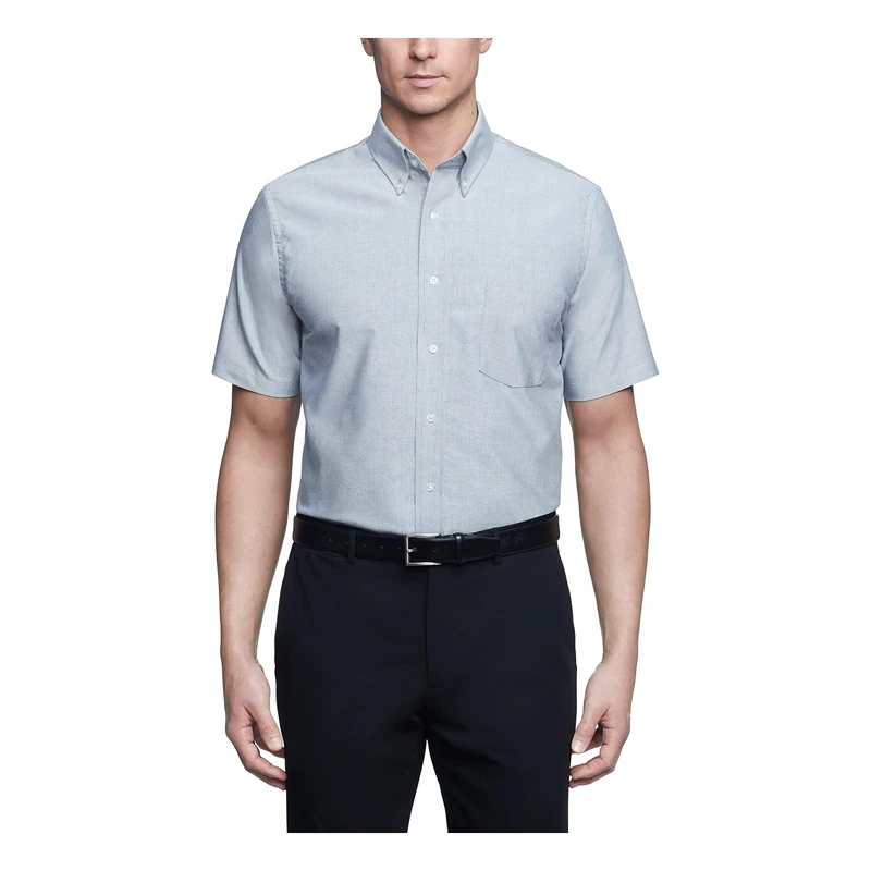 Van Heusen Men's Short Sleeve Dress Shirt Regular Fit Oxford Solid, Greystone, Large