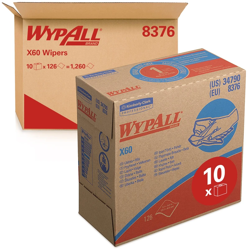 WypAll X60 Cloths 8376 - Cleaning Cloths - 10 Pop-Up Boxes x 126 White Wiping Cloths (1,260 total)