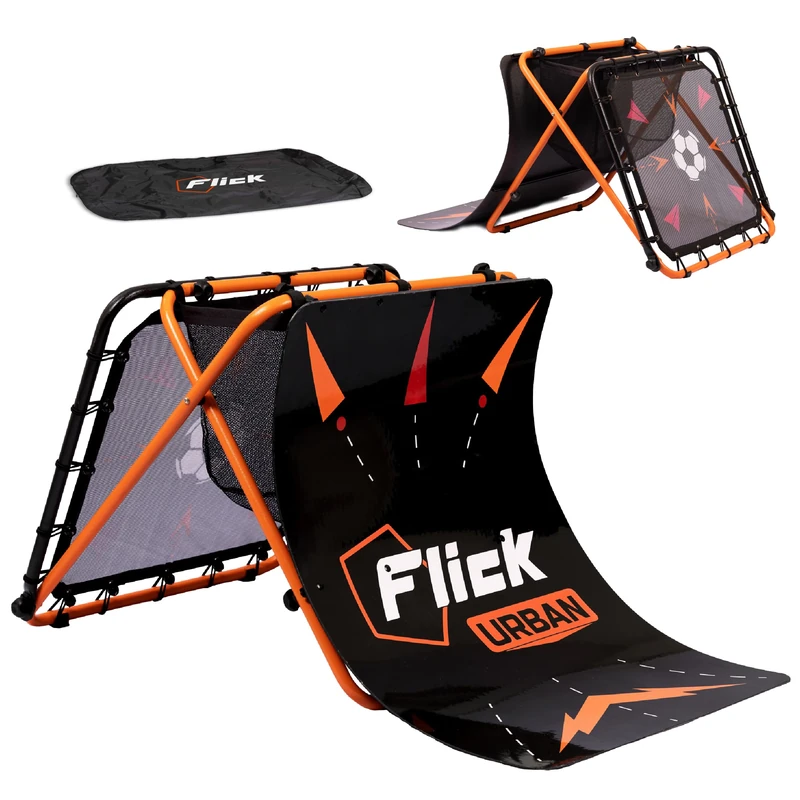 FLICK Urban Skills Trainer - 4-in-1 Football Rebounder Board, Rebound Net, Target Net and Passing Tunnel - Practice Equipment Designed To Improve Your Training, Black/Orange