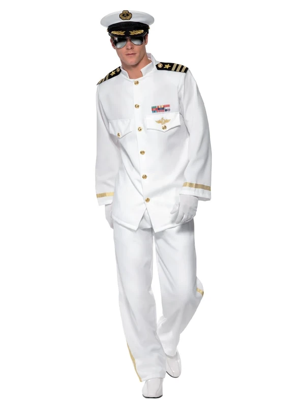 Smiffys Deluxe Captain Costume, White with Jacket, Trousers, Cap and Gloves, Land, Sea and Air Forces Fancy Dress, Adult Dress Up Costumes, World Book Day