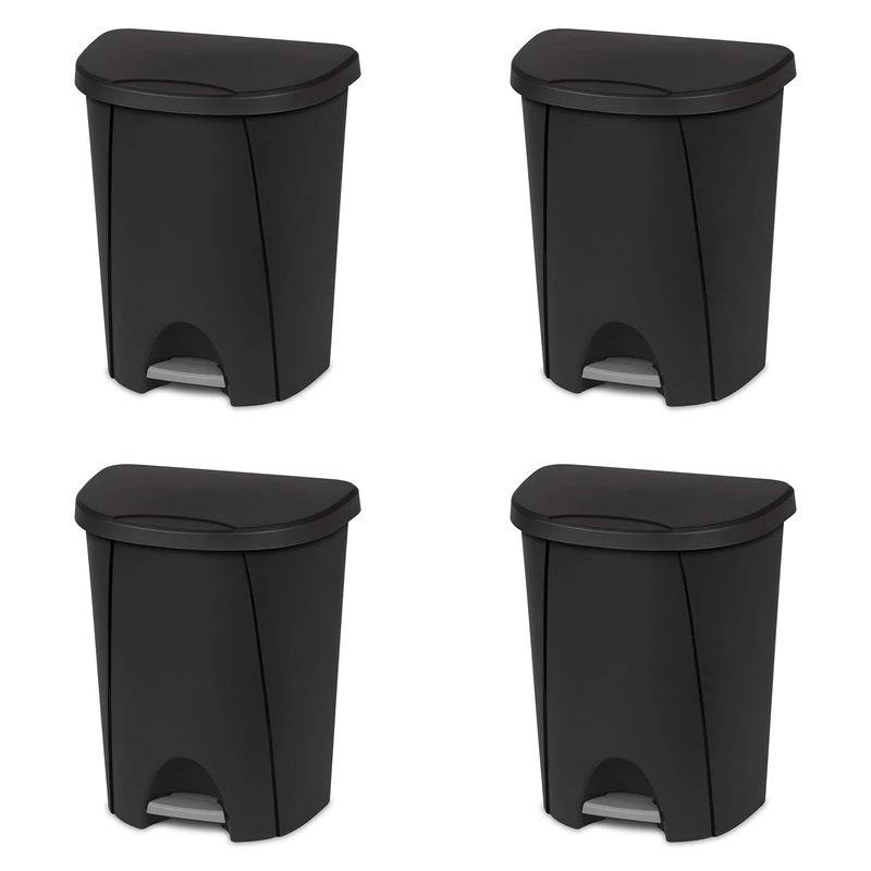 Sterilite 10949004 6.6 Gallon/25 Liter StepOn Wastebasket, Black, 4-Pack