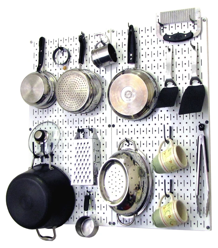 Wall Control Kitchen Pegboard Organizer Pots and Pans Pegboard Pack Storage and Organization Kit with White Pegboard and Black Accessories