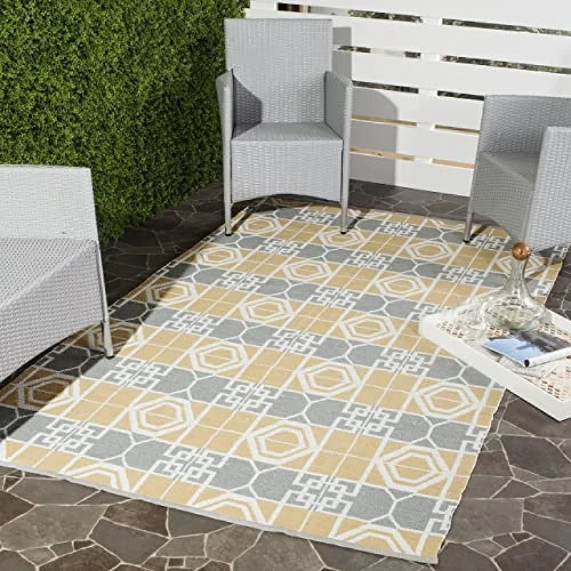 SAFAVIEH Eco-Friendly Rug for Living Room, Dining Room, Bedroom - Recycled Plastic Collection, Short Pile, in Beige and Grey, 152 X 244 cm