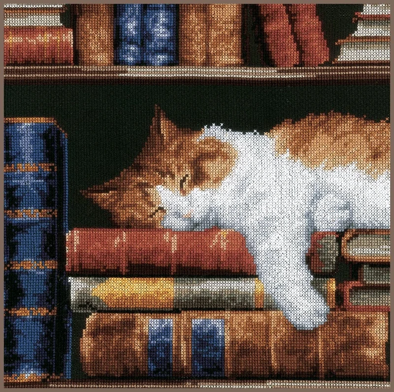 Vervaco Sleeping on Bookshelf Counted Cross Stitch Kit, Multi-Colour - Image 1