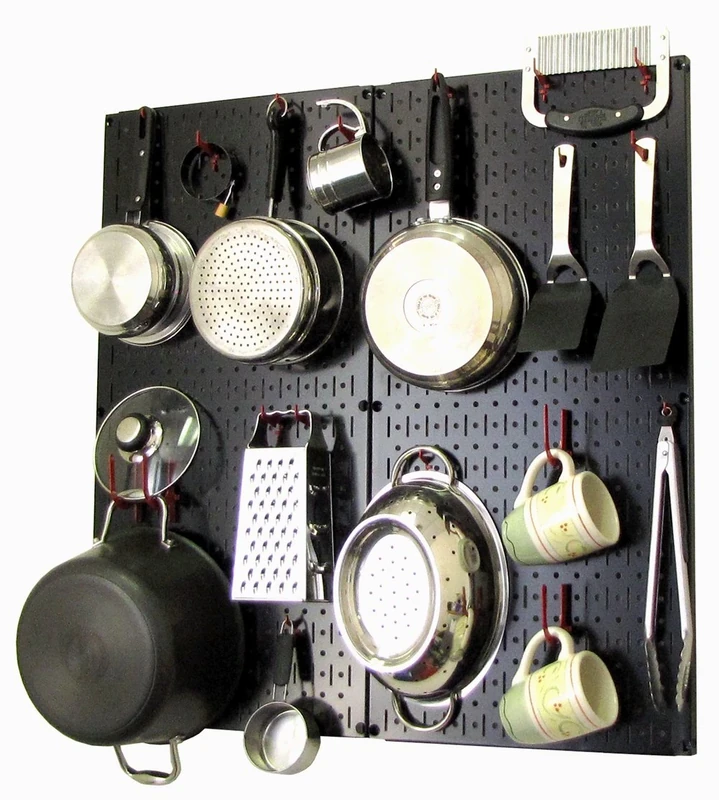 Wall Control Kitchen Pegboard Organizer Pots and Pans Pegboard Pack Storage and Organization Kit with Black Wall Board and Red Accessories