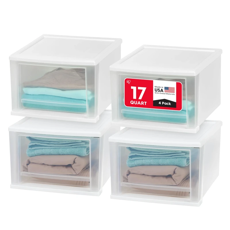 IRIS USA 17 Qt. Plastic Stackable Storage Drawers, Medium, 4 Pack, Multi-Purpose Bins for Bedroom, Bathroom, Closet, Dorm, Craft Room, Garage, Nursery, Office, Under Sink, White