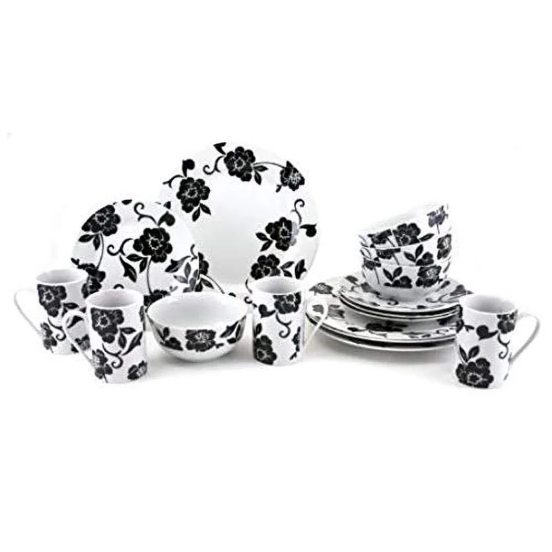 Creative Tops 16 Piece Vivienne Dinner Set, Service for 4 Dinnerware Set with Elegant Design, 16 Pieces, Black & White