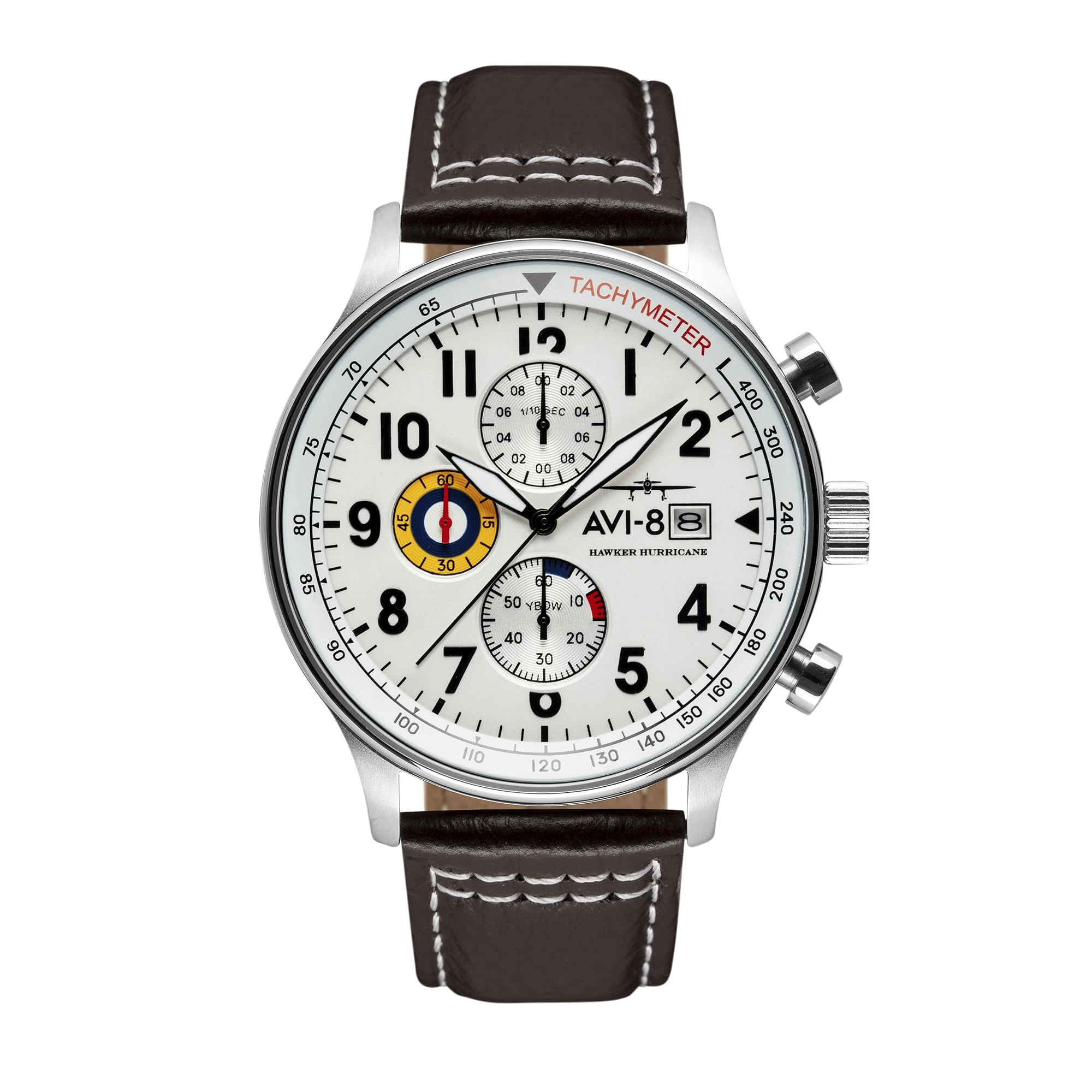 AVI-8 Mens 42mm Hawker Hurricane Classic Chronograph Classic White Japanese Quartz Pilot Watch with Leather Strap AV-4011-01