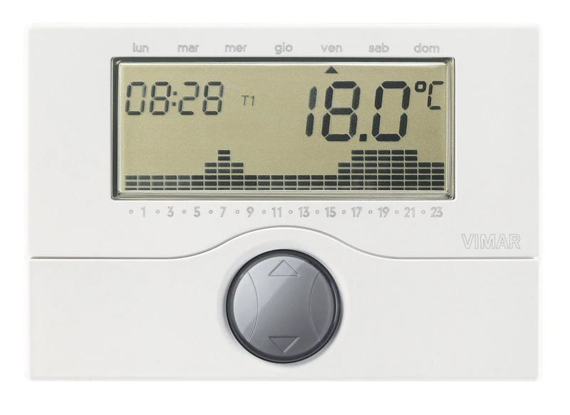 VIMAR 01910 Electronic Battery-Timer-Thermostat for ON/Off Ambient Temperature Control (Heating and air-Conditioning), Daily/Weekly Programming, White