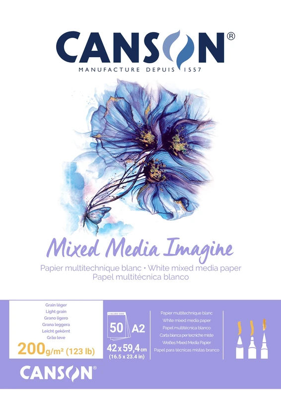 Canson Imagine A2 200g White Mixed Media Paper Pad, Light Grain, Markers, Brushes, Felt Tip-Pens, For Professional Artists & Illustrators