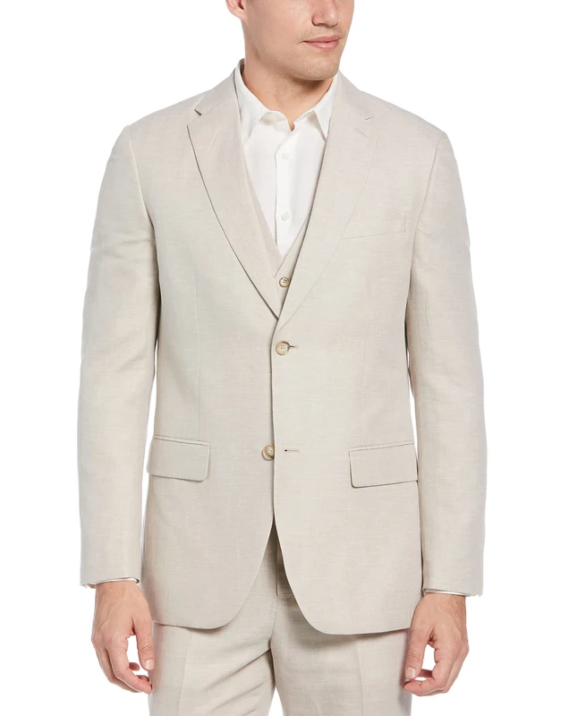 Perry Ellis Men's Blend Suit Jacket, Breathable Single Breasted, Regular Fit, with Chest Pocket (Sizes 36-54) Blazer, Natural Linen Herringbone, 46