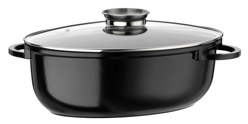 GSW 410571 Gourmet Ceramica induction roasting dish XL oval with aroma glass lid 38x25cm/approx. 8.5 liters, cast aluminum, black speckled, 38 cm, 4 units