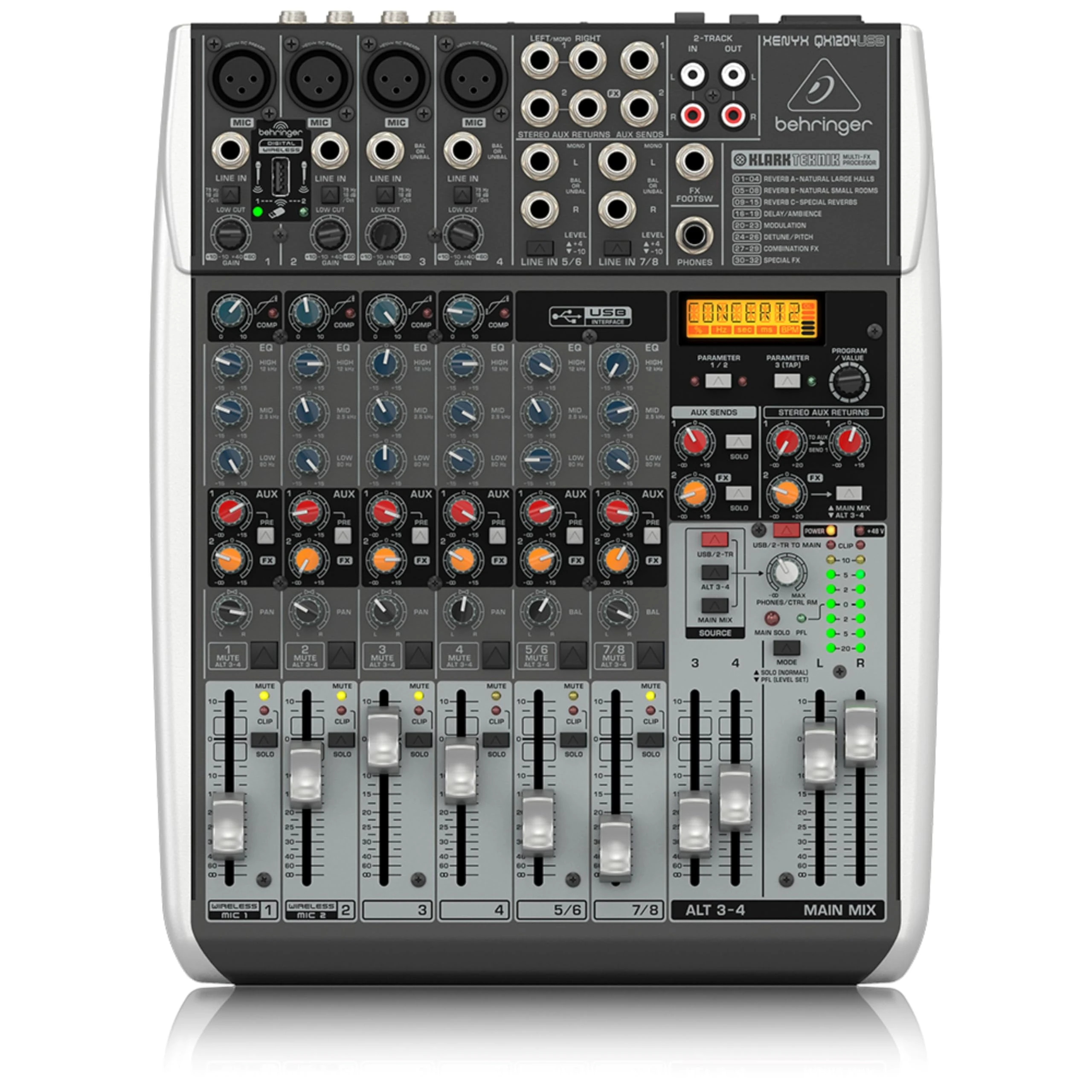 Behringer XENYX QX1204USB Premium 12-Input 2/2-Bus Mixer with XENYX Mic Preamps and Compressors, Klark Teknik Multi-FX Processor, Wireless Option and USB/Audio Interface, Compatible with PC and Mac