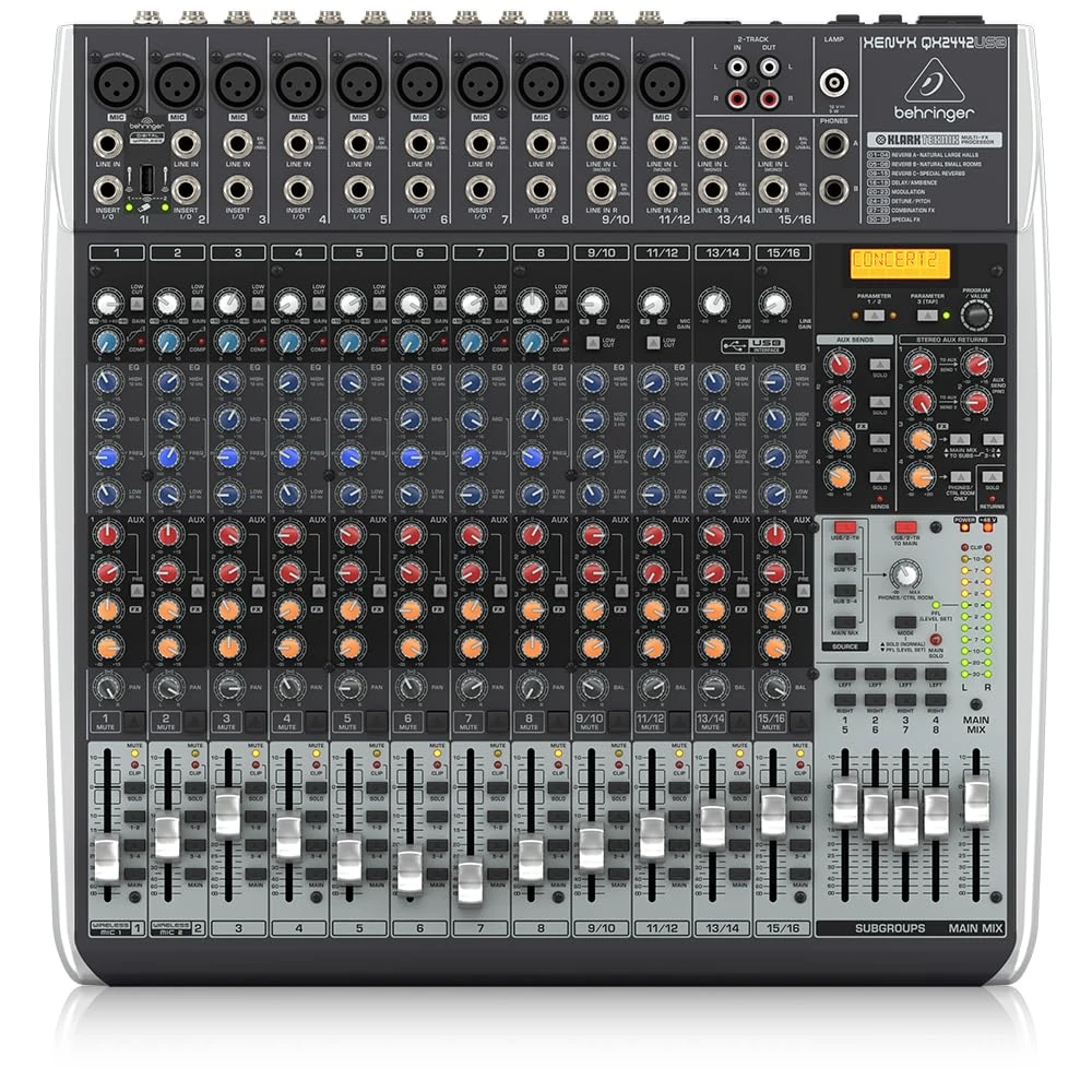 Behringer XENYX QX2442USB Premium 24-Input 4/2-Bus Mixer with XENYX Mic Preamps and Compressors, Klark Teknik Multi-FX Processor, Wireless Option and USB/Audio Interface
