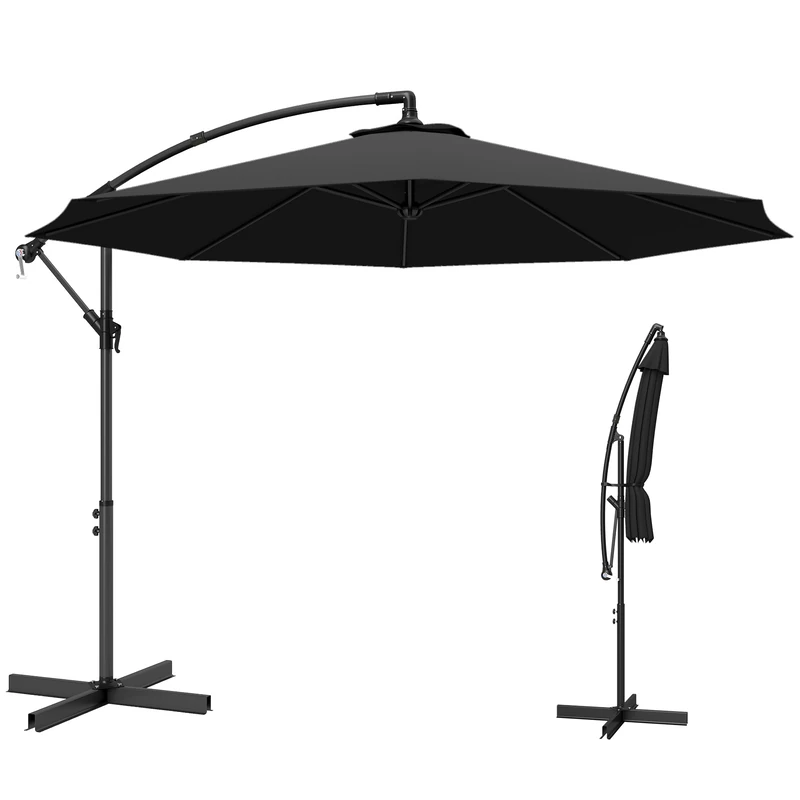 Outsunny 3(m) Garden Cantilever Parasol Patio Banana Hanging Umbrella Sun Shade with Crank and Tilt, 8 Ribs and Cross Base, Black