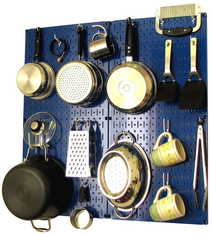 Wall Control Kitchen Pegboard Pots and Pans Storage and Organization Kit with Blue Board and White Accessories