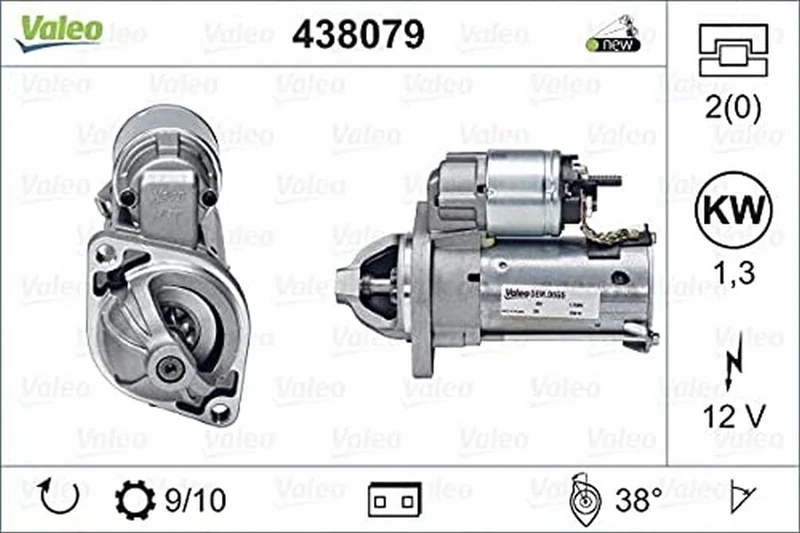 VALEO 438079 Starter Power: 1,3 kW Stop & Start: NO Number of teeth: 9 teeth Voltage: 12 V Rotation direction: CLOCKWISE