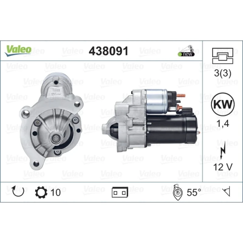 VALEO 438091 Starter Power: 1,4 kW Stop & Start: NO Number of teeth: 10 teeth Voltage: 12 V Rotation direction: CLOCKWISE