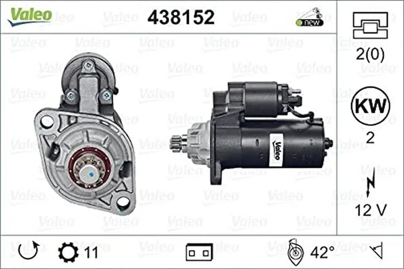 VALEO 438152 Starter Power: 2 kW Stop & Start: NO Number of teeth: 10/11 teeth Voltage: 12 V Rotation direction: ANTI CLOCKWISE