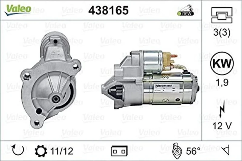 VALEO 438165 Starter Power: 1,9 kW Stop & Start: NO Number of teeth: 11/12 teeth Voltage: 12 V Rotation direction: CLOCKWISE