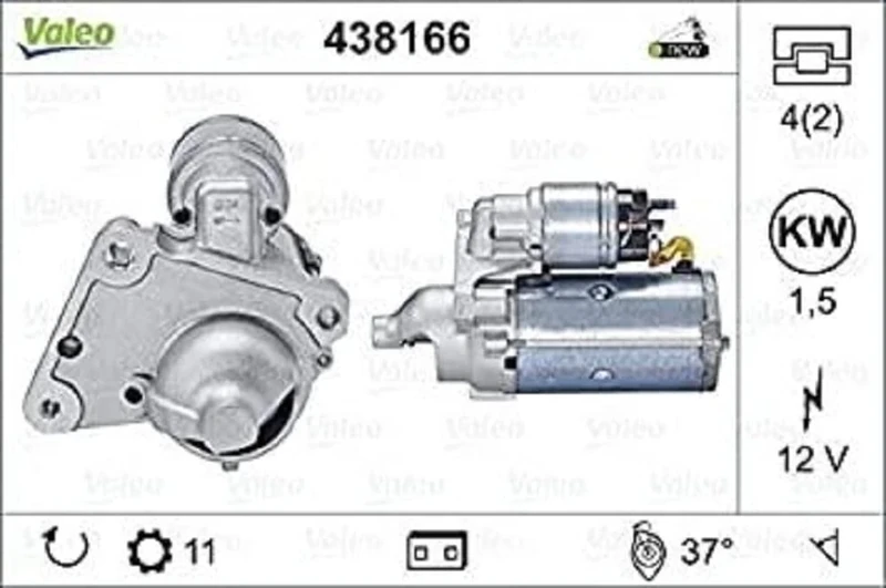 VALEO 438166 Starter Power: 1,5 kW Stop & Start: NO Number of teeth: 11 teeth Voltage: 12 V Rotation direction: CLOCKWISE