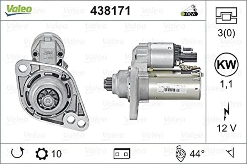 VALEO 438171 Starter Power: 1,1 kW Stop & Start: NO Number of teeth: 10 teeth Voltage: 12 V Rotation direction: ANTI CLOCKWISE
