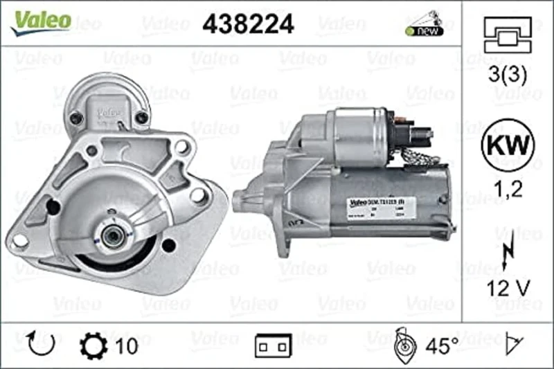 VALEO 438224 Starter Power: 1,2 kW Stop & Start: NO Number of teeth: 10 teeth Voltage: 12 V Rotation direction: CLOCKWISE
