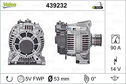 VALEO 439232 Alternator Alternator Charge current: 90 Amp Grooves: 5 grooves Pulley diameter: 53 mm Voltage: 14 V Rotation direction: CLOCKWISE