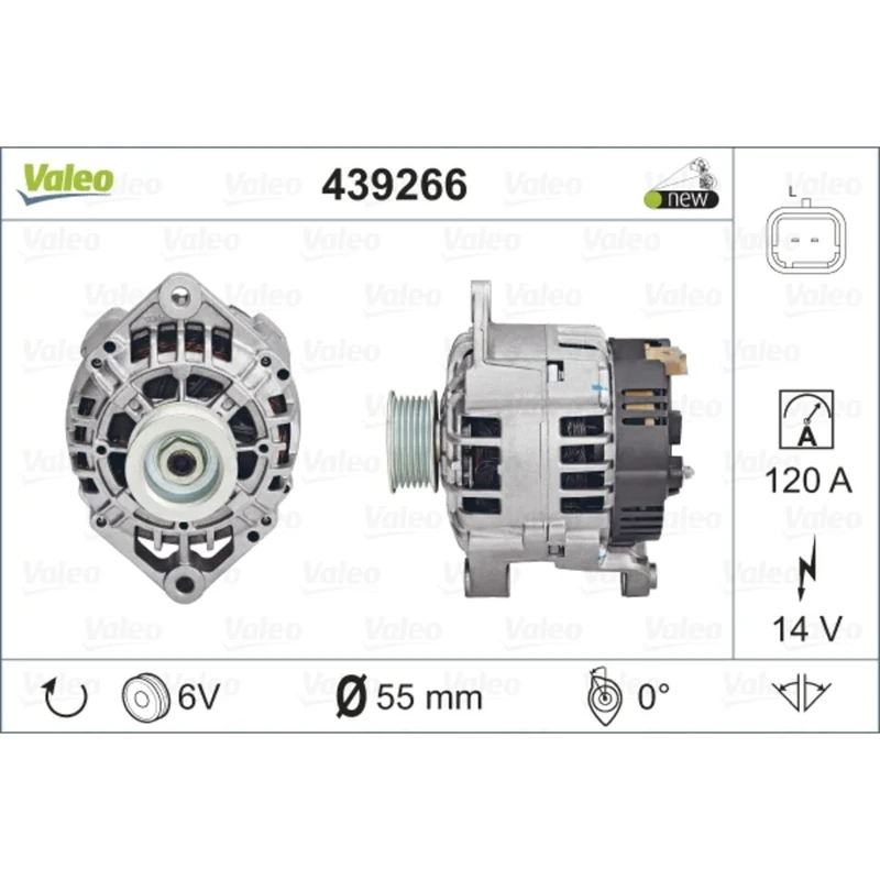 VALEO 439266 Alternator Alternator Charge current: 120 Amp Grooves: 6 grooves Pulley diameter: 58 mm Voltage: 14 V Rotation direction: CLOCKWISE